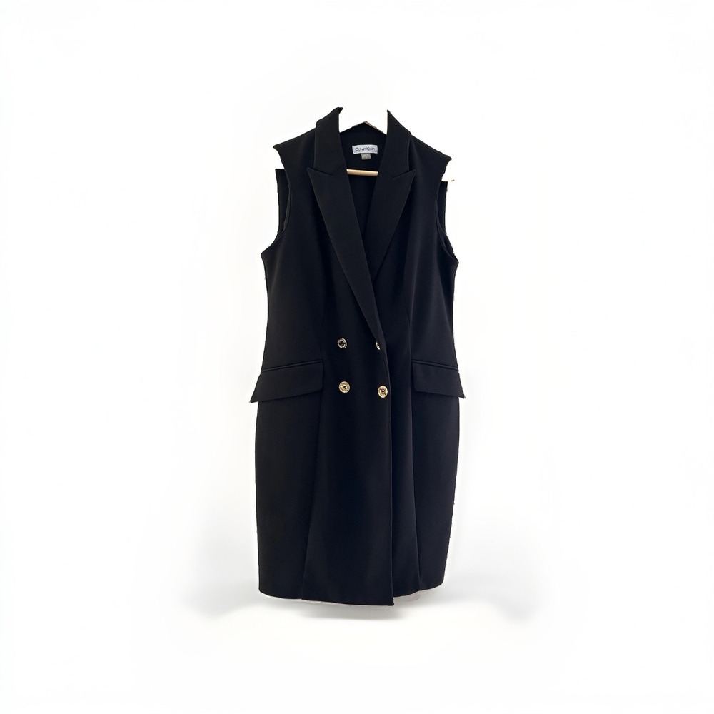 Calvin Klein Tuxedo Dress 8 Black Sleeveless Stretch Corporate Chic 90s Siren